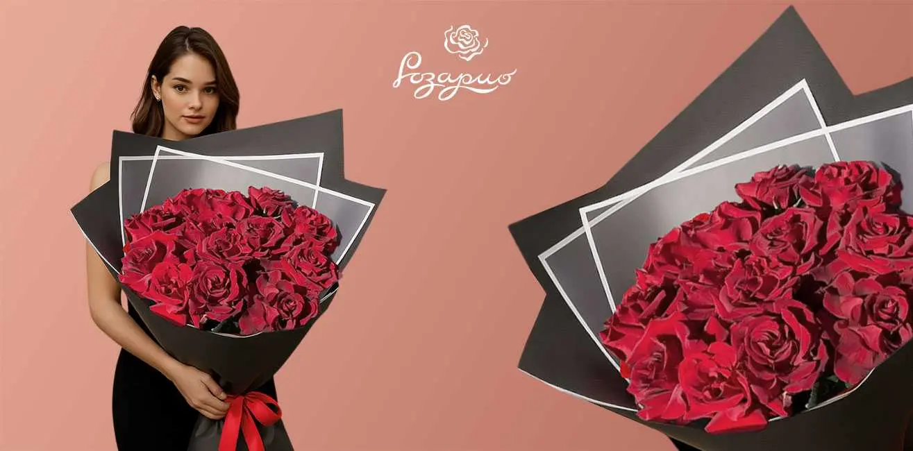 Огромный букет французских красных роз, фронтальный вид, в руках у девушки